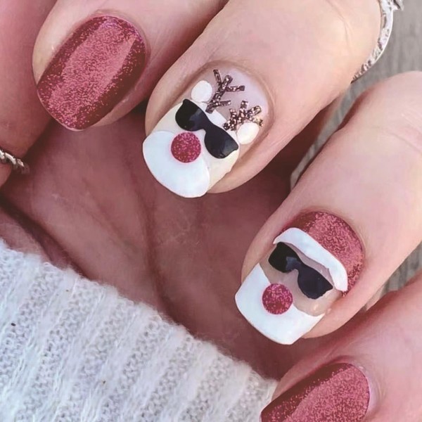 Christmas Press on Nails Short Square Fake Nails with Red