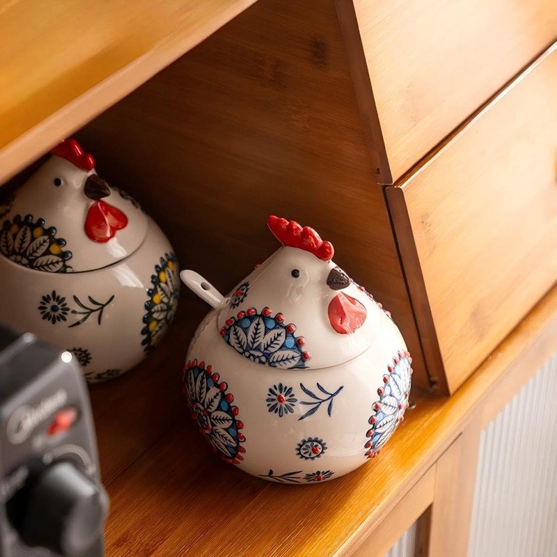 Yaroocvn Ceramic Chicken-Shaped Seasoning Jar, Kitchen Condiment Box with Spoon