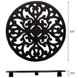 Hedume 2 Pack Cast Iron Trivet, 6.8" Cast Iron Round Trivet with Vintage Pattern and Rubber Pegs/Feet for Serving Hot Dish, Pot, Pans and Teapot on Kitchen Countertop or Dinning