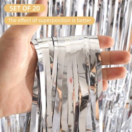 20 Pack Silver Foil Fringe Curtains 3.2ft x 9.8ft Silver Foil Curtain Backdrop Metallic Tinsel Curtains Streamer Photo Booth Backdrop for Birthday Party Engagement Bachelorette Party Decorations