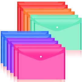 12pcs Plastic Filing Envelopes with Snap Button Closure ，Clear Document Folders for Letter A4 Size Files ，Poly Folders，for School and Office Supplies（6Color）