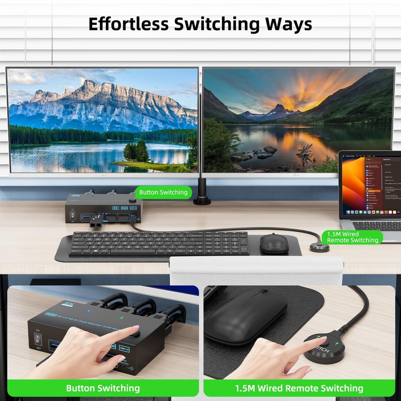 8K Displayport 1.4 + HDMI 2.1 Dual Monitor KVM Switch
