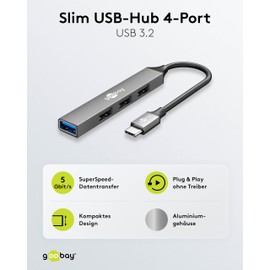 goobay 4-Port USB C 3.2 Hub Slim/USB Multiple Plug, USB Distributor, USB Hub / 5 Gbits USB Splitter / Slim USB-C to 4-Way USB-A Multiport Adapter USB 3.0 Hub / 74457
