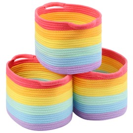 13"x10"x9" Cotton Rope Storage Basket, Woven Baskets with Handles for Organizing Home Office, Shelves, Nursery, Laundry, and Toys,Empty Gift Basket-3 Pack,Rainbow