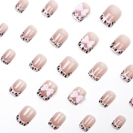 24Pcs French Tip False Nails Short - Leopard Press on Nails - Square False Nails with Pink Bow - Sweet Fake Nails with Glue - Full Cover Acrylic Stick on Tips for Women Girls Nail Art