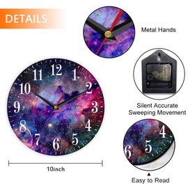 Mxocom Colorful Satrs Sky Wall Clock Nebula and Galaxies in Space 10 Inch Silent Non Ticking Battery Operated Clock Vintage Round Clock for Living Room Bedroom Bathroom Office Decor