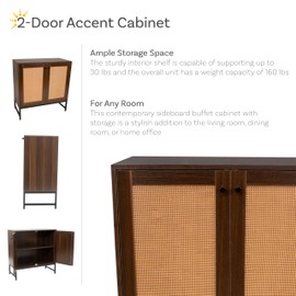 Sunnydaze 2-Door Rattan Storage Cabinet - Sideboard Buffet Cabinet with Adjustable Shelf and Rattan Doors - Oak Wood Look - Dark Brown