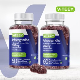 Viteey Ashwagandha Supplements Gummies with Ginseng & Lemon Balm Herbal Extract - Ashwagandha Gummies for Calm, Relax, Restore, Unwind - Vegan, Gelatin Free, Gluten Free - Tasty Chewable Berry Flavored