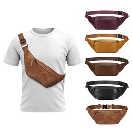 SUIKIHUM Soft Leather Fanny Pack for Women & Men, Crossbody Waist Pack with Adjustable Strap, Large Pocket, Sturdy Zippers, for Hiking, Running, Textured Brown