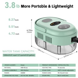 Steam Cleaner, Handheld 2500W Pressurized Heating Steamer for Cleaning,Multi-Purpose Steamer for Home Use with Water Tank, Steam Cleaner for Dirt, Grease,Grout,Tile, Floor,Couch,Car,Green