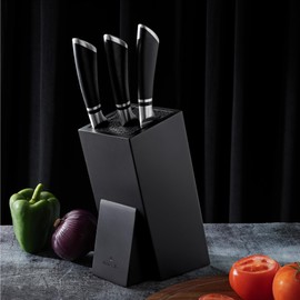 Navaris Knife Block, Black - Universal Knife Storage Solution - Bamboo Kitchen Knives Holder with Bristles - Tilted Storage for Easy Access - Removable Insert for Easy Cleaning