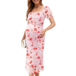 Mesh Maternity Dress Cocktail Wedding Guest Baby Shower Pregnancy Shoot Summer Pastel Floral Sparkly, Short Sleeves, Pink Floral, L