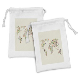 Ambesonne Vegan Fabric Pouch Set of 2, Map of the World Designed with Multiple Vegetables Vegetarian and Healthy Planet, Small Drawstring Bag for Toiletries Masks and Favors, 9" x 6", Multicolor