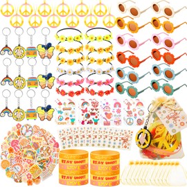 Tenceur 146 Pcs Groovy Party Favors Include Hippie Bracelet Keychain Boho Tattoo Sticker Daisy Headband Peace Necklace Sunglasses Sticker Gifts Bag Thank You Tags for Retro Groovy Birthday Party