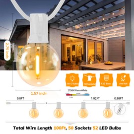 Achin Outdoor String Lights 100FT G40 Globe Patio Lights Outdoor Waterproof with 50+2 Shatterproof LED Bulbs 2700K Dimmable String Lights for Outside Backyard Party Wedding, White Wire