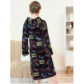 Doctor Unicorn Boys Soft Hooded Bathrobe Kids Warm Gamer Fleece Robe Sleepwear (Red Black Gamer - 10-11 Years)