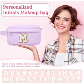 Initial Makeup Bag, Corduroy Cosmetic Bag, Travel Toiletry Bag with Metal Zip, Portable Makeup Bag for Women, Organiser, Christmas Birthday Gifts for Women, Girls, Pink, purple, L