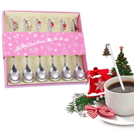 Christmas Spoon Set, 6 Pieces Coffee Spoons, Stainless Steel Gifts, Long Spoon with Christmas Pendant, Christmas Table Decoration, Christmas Cutlery Christmas Dessert Tea Mixing Spoon with Gift Box