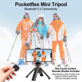 2025 Newest Pocketflex Mini Selfie Stick, Extendable Phone Tripod Stand, Portable Flipping 360° Rotating Cell Phone Holder Mini Travel Tripod with Remote-Black