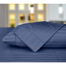 Threadmill Home Linen 500 Thread Count 100% Cotton Sheets 2cm Damask Stripe Set of 2 Standard Pillow Cases, Hem Stitch Luxury Smooth Sateen, Folkstone Blue