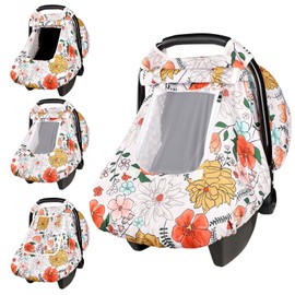 Baby Carseat Cover Girls, Pea Pod Infant Car Seat Covers Canopy for Newborn with 2 Layers Windows of Breathable Mesh/Fabric, Lightweight Polyester/Minky Dot Backing, Snug Fit Most Baby Car Seat