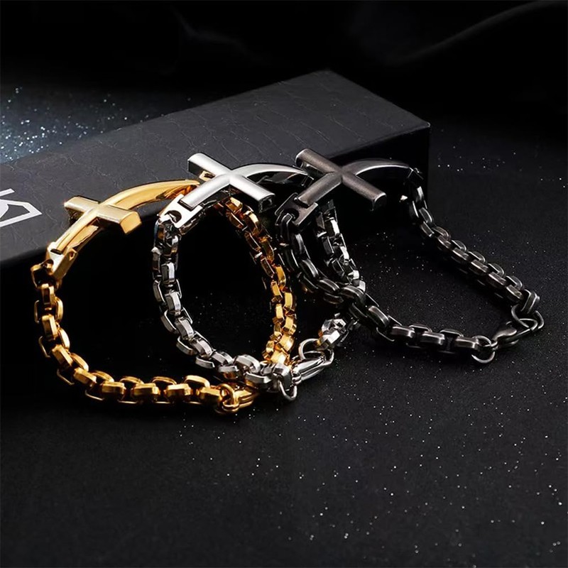 MOOSKI Mens Cross Bracelet,316L Stainless Steel Gold Chain Link Bracelet