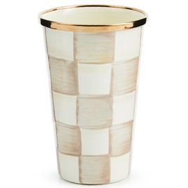 MACKENZIE-CHILDS Enamel Tumbler, Open Tumbler Cup, Cute Enamel Cup, 10 Ounces, Brown-and-White Mocha Check