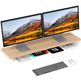 Dual Monitor Stand Riser, 40" Large Computer Monitor Stands for 2 Monitors, Wooden Desktop Organizer Shelf for Office Desk Computer, Laptop, TV, Monitor, Printer