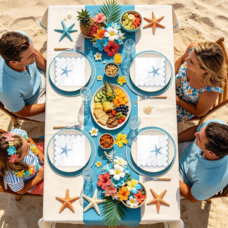 100 Pcs Starfish Light Blue Scalloped Paper Napkins 6.5 x