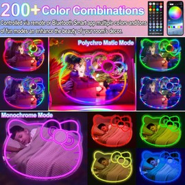 Hello Kit Mirror,Dimmable Hello Kit Vanity Mirror with Lights 200+ Kinds of Color,Acrylic Hello Kit Led Mirror with Remote & App Control, Kitty Neon Mirror Wall Mirror, Children's Favorite