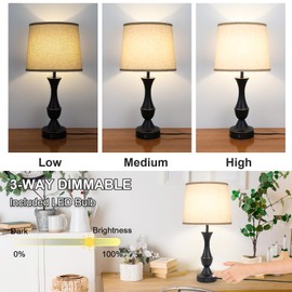 LALISU Touch Lamps for Bedrooms Set of 2, Farmhouse Table Lamp with USB C Charging Port, 3 Way Dimmable Nightstand Lamps with Linen Fabric Lampshade for Bedroom, Living Room (Pack2-Black)