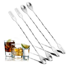 4pcs Cocktail Mixing Spoons, Bar Spoon Cocktail Spoon Long Handle Stirring Spoons Spiral Handle Bar Stirrers Ladles with Trident Tip for Drink Tea Coffee Juice Ice Cream Milkshakes