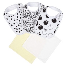 Ko&Pro Baby Bibs Set of 5 | 3 x Large Toddler Bibs 27 x 22 cm + 2 x 100% Bamboo Cloths 25 x 25 cm | Perfect for Girls and Boys as Drool Bibs, Burp Bibs, Food Bibs, Wash Cloths, black/white