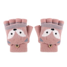 Cartoon Children Fingerless Winter Warm Gloves Toddler Kids Boys Girls Wool Knit Convertible Flip Top Gloves with Mitten Cover Half Finger Snow Ski Thermal Gloves Hand Warmer Christmas Gift Age 5-10Y