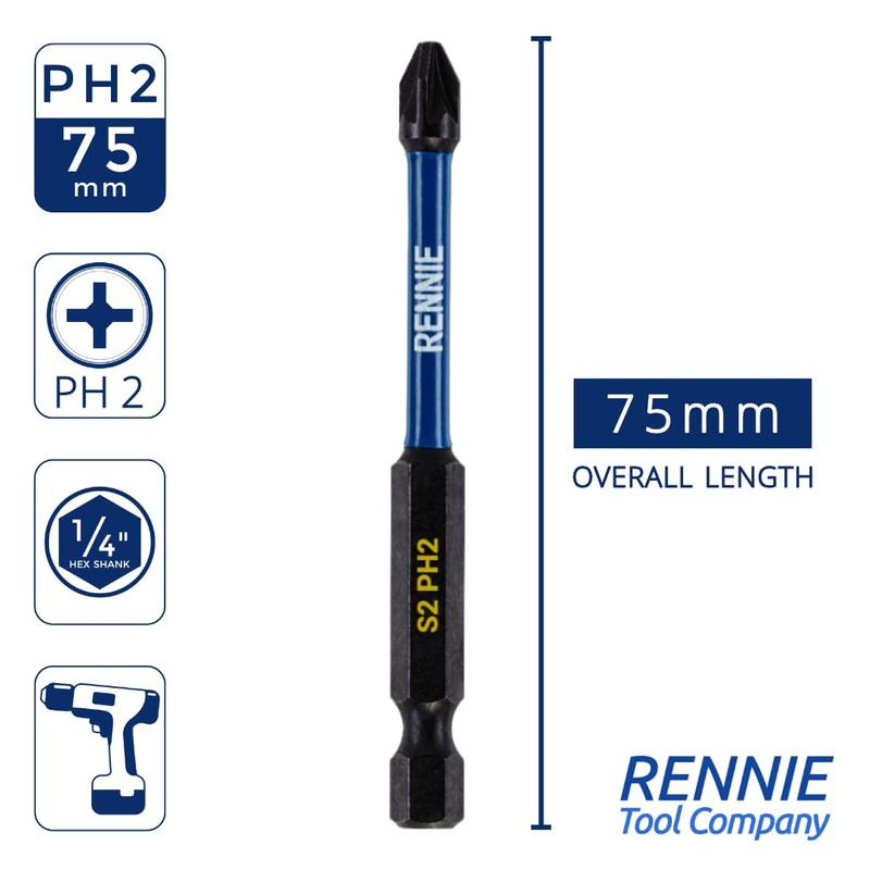 10 x Rennie Tools 75mm Long PH2 Impact Screwdriver Driver