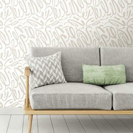 RoomMates RMK11621RL Curly Strokes Taupe and White Peel and Stick Wallpaper
