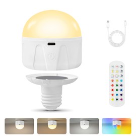Weaboopre Rechargeable Light Bulbs for Lamps and Sconces with Remote and Timer, E26 Battery Powered Magnetic LED Bulb for Non-Hardwired Fixture, 3 Color Temperatures + 12 RGB Colors (1 Pack)
