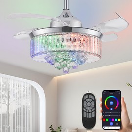 36" Retractable Crystal Ceiling Fan with Light, RGB Modern Fandelier 6 Speeds Reversible Blades Dimmable Chandelier Ceiling Fan with Remote App Control Memory Timer Silver