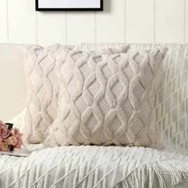 Haundry Pack of 2 Soft Plush Short Wool Velvet Decorative Throw Pillow Covers Luxury Style Cushion Case Pillow Shell for Sofa Bedroom Square Beige 18x18 inch
