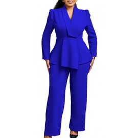 INR 2 Piece Outfits for Women Long Sleeve Suit Collar High Waisted Peplum Suit Dress Straight Leg Long Pants Business Casual Office Outfits Royal Blue