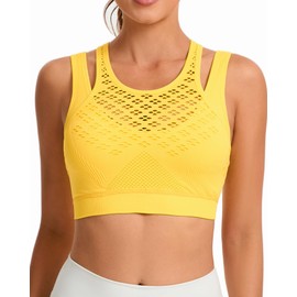 RUNNING GIRL Sports Bras for Women High Support,Seamless Ribbed Longline High Neck Sports Bra Racerback Padded Crop Top Yoga(WX2992Yellow,M)