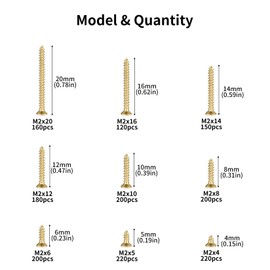 1650 Pcs M2 for Wood Assortment, Self Tapping, Small Self-tapping Screws, Assorted Screws Set, Mixed Cross Flat Head for Drywall Chipboard Furniture Decking (Gold)