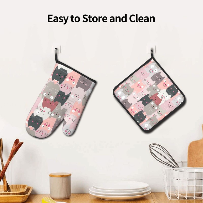 Oplp Funny Pink Cute Cats Oven Mitts and Pot Holders