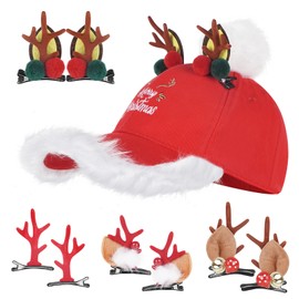 GSRLOD 4 Hair Clip Christmas Pom Pom Baseball Caps Xmas Baseball Hat Reindeer Printed Dad Hats for Men Women Girls