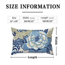 MangGou Blue and Beige Peony Floral Pillow Covers Colorful Chinoiserie Flower Decorative Cushion Cover Chinoiserie Asian Accent Pillow for Bedroom Sofa Couch 12x20in White Flax Set of 2