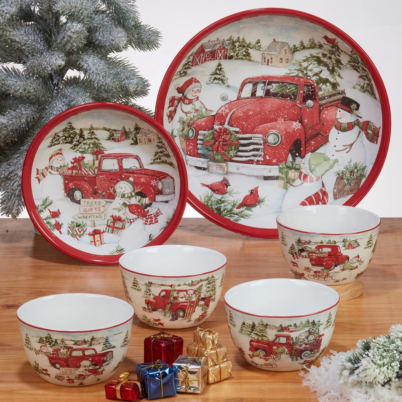 Certified International Red Truck Snowman Rectangular Platter, 14" X 10",