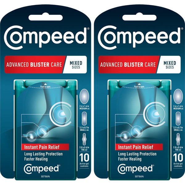 Compeed Advanced Blister Care 10 Count Mixed Sizes Pads (2 Packs), Hydrocolloid Bandages, Heel Patches, Blister on Foot, Blister Prevention & Treatment, Waterproof Cushions, Packaging May Vary