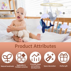 Eummy Cot Mobiles for Babies Crib Mobile Baby Bed Mobile Wind Chime Felt Ball Sea Blue Whale, White Clouds Baby Nursery Mobiles with Hanging Bed Bell Baby Shower for Boys Girls Gifts