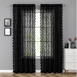 Bujasso Black Sheer Lace Curtains 84 inch Vintage Floral Sheer Gothic Curtain Panels for Living Room Bedroom Luxury Light Filtering Drapes Black Window Treatment Sets Rod Pocket 2 Panels 54" Wx84 L