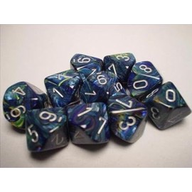Chessex Dice Sets: Festive Green with Silver (Blue-Green) - Ten Sided Die d10 Set (10)